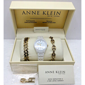 Anne Klein Ladies White Ceramic Watch MOP w/ 2- Gold Tone SS Bracelets